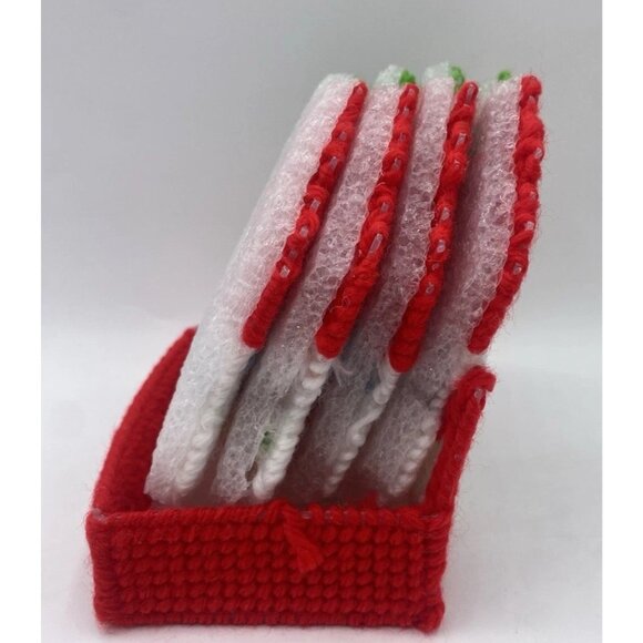 Christmas Plastic Canvas Coasters Set of 4 with Holder Mug Cup Kitsch Retro - Picture 4 of 14